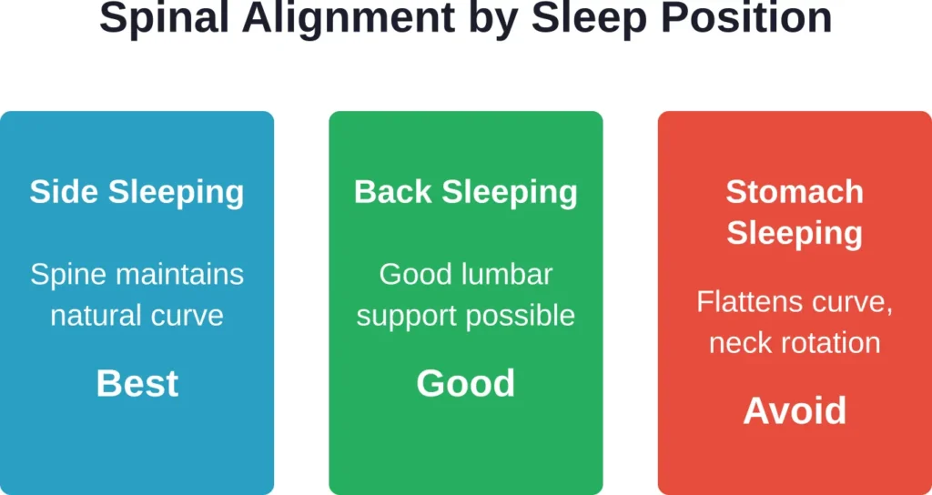 Comparison of how different sleep positions affect spinal alignment and overall sleep health.
