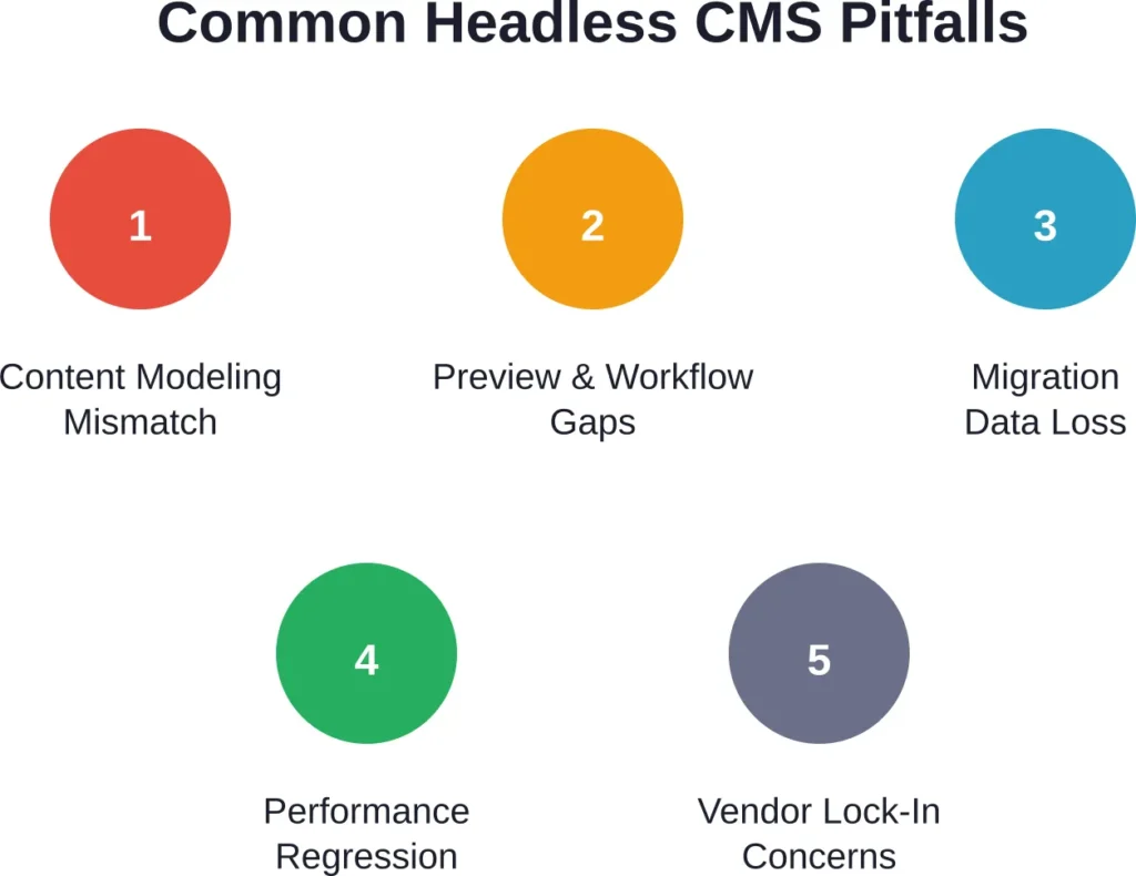 Five pitfalls account for most headless CMS implementation failures. Planning mitigates all five.