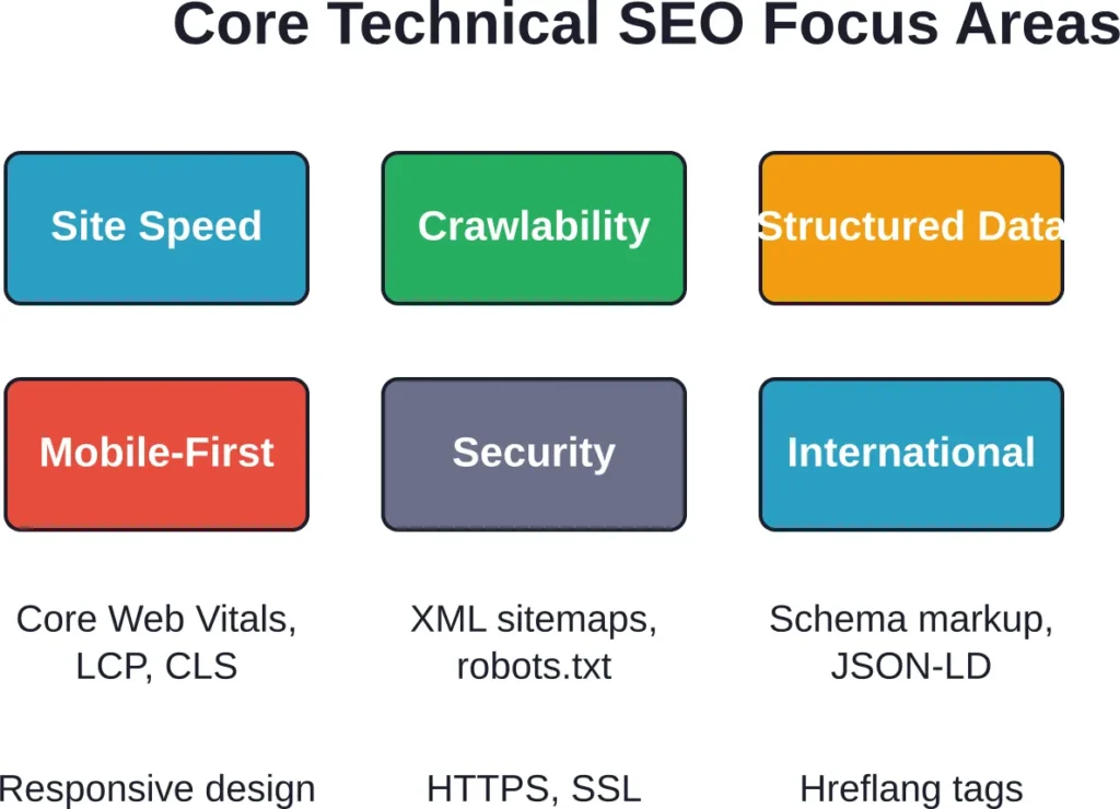 Six core technical SEO pillars that agencies prioritize to ensure crawlability, speed, and structured data compliance.