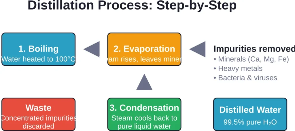 The distillation process removes virtually all dissolved solids and contaminants through boiling and condensation.