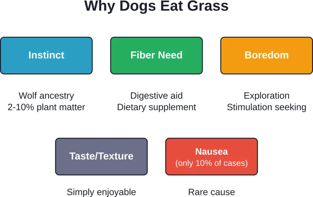 Five main reasons dogs eat grass, with instinct and fiber being the most common drivers.