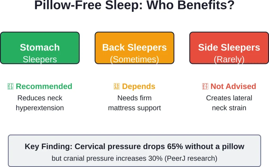 Sleep position determines whether pillow-free sleeping benefits or harms spinal alignment.