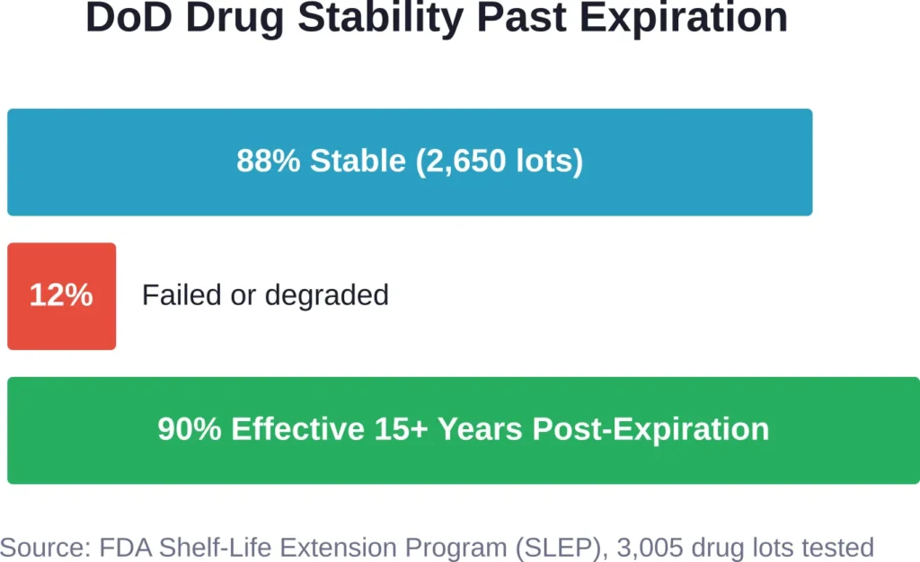 Department of Defense testing revealed the vast majority of medications remain stable and effective well beyond their printed expiration dates when properly stored.