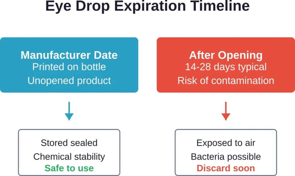 The two distinct expiration timelines for eye drops: manufacturer date for sealed bottles versus post-opening contamination window