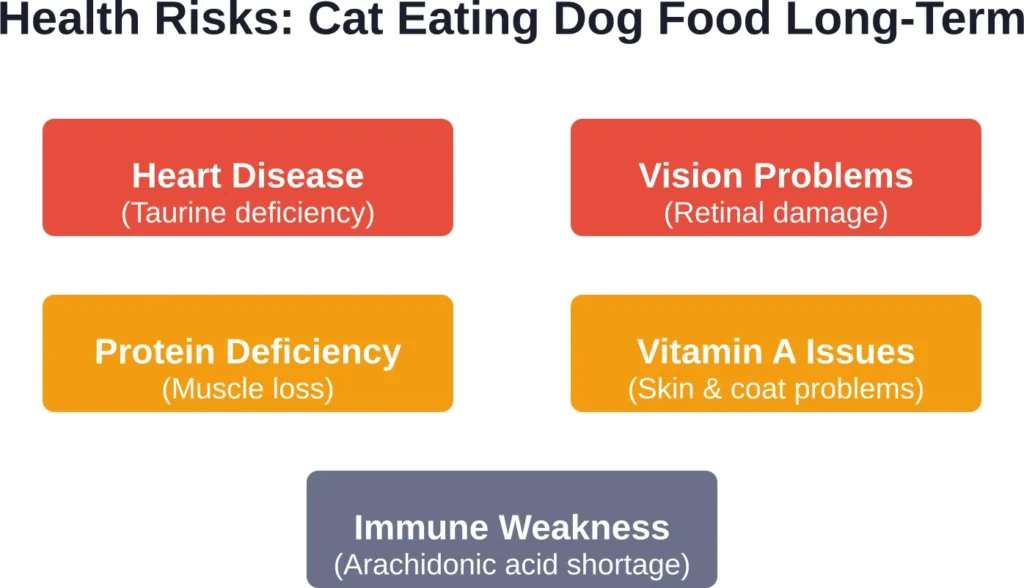Critical health conditions that develop when cats consume dog food as their primary diet over extended periods