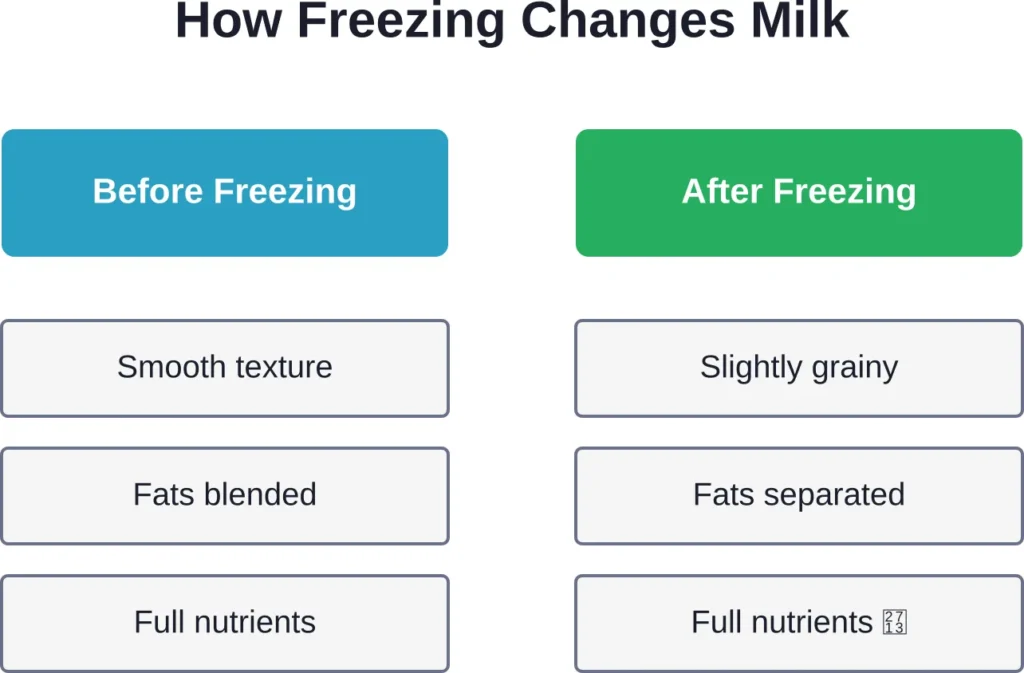 Freezing preserves milk's nutritional value but may change texture due to fat separation.