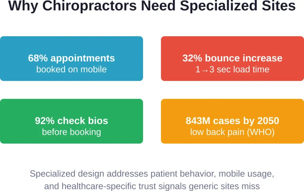 Key statistics showing why chiropractors need specialized web design versus generic business templates.