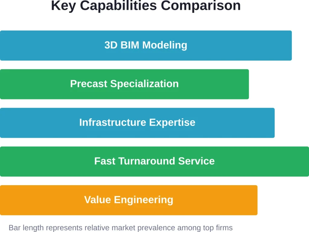 Specialized capabilities vary across leading rebar detailing companies, with 3D modeling and fast delivery becoming industry standards while niche expertise adds differentiated value.