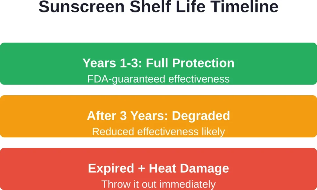 Timeline showing how sunscreen effectiveness decreases over time, especially after the three-year FDA-required shelf life.
