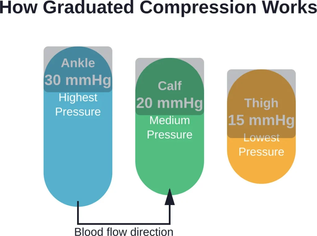Graduated compression applies the most pressure at the ankle, decreasing upward to promote blood flow toward the heart.