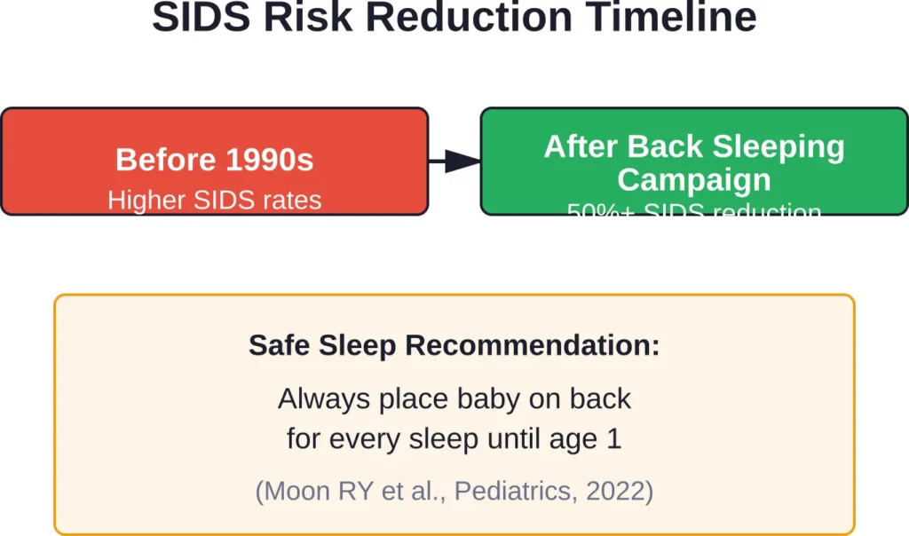 The dramatic impact of back sleeping on reducing Sudden Infant Death Syndrome rates since the 1990s public health campaigns.