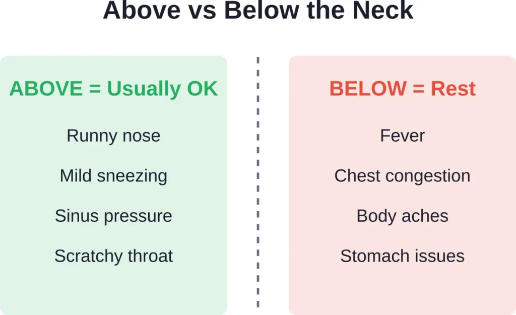 The neck rule: symptoms above the neck may allow modified exercise, while below-the-neck symptoms require rest.