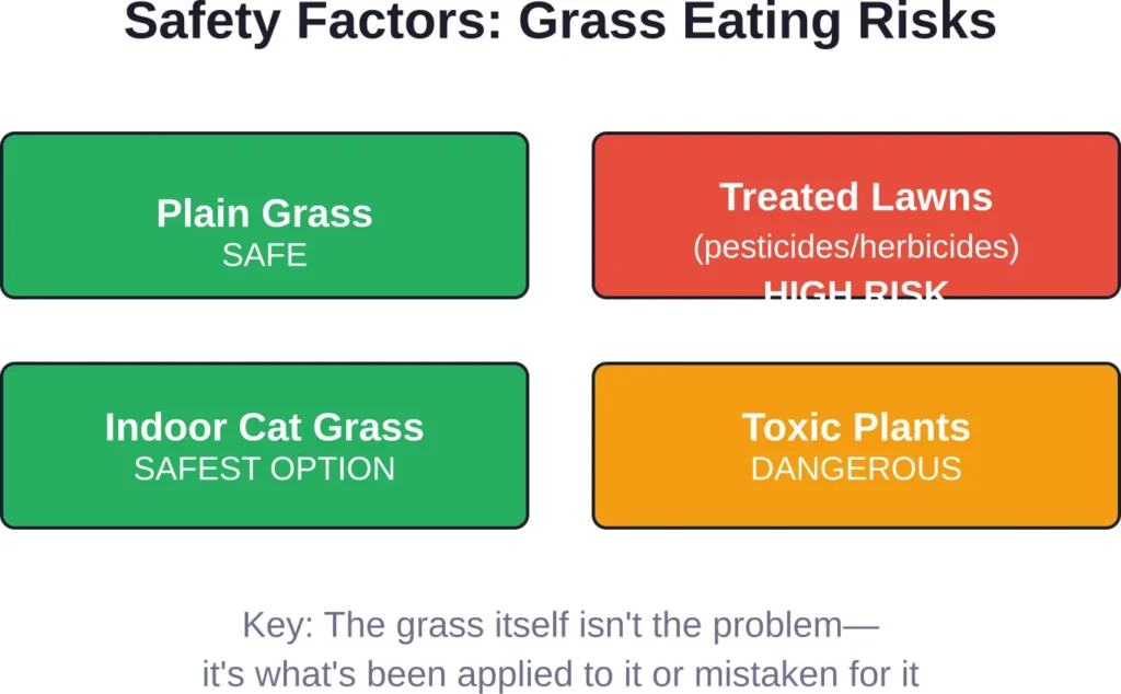 The safety of grass eating depends primarily on chemical treatments and plant identification, not the grass itself.