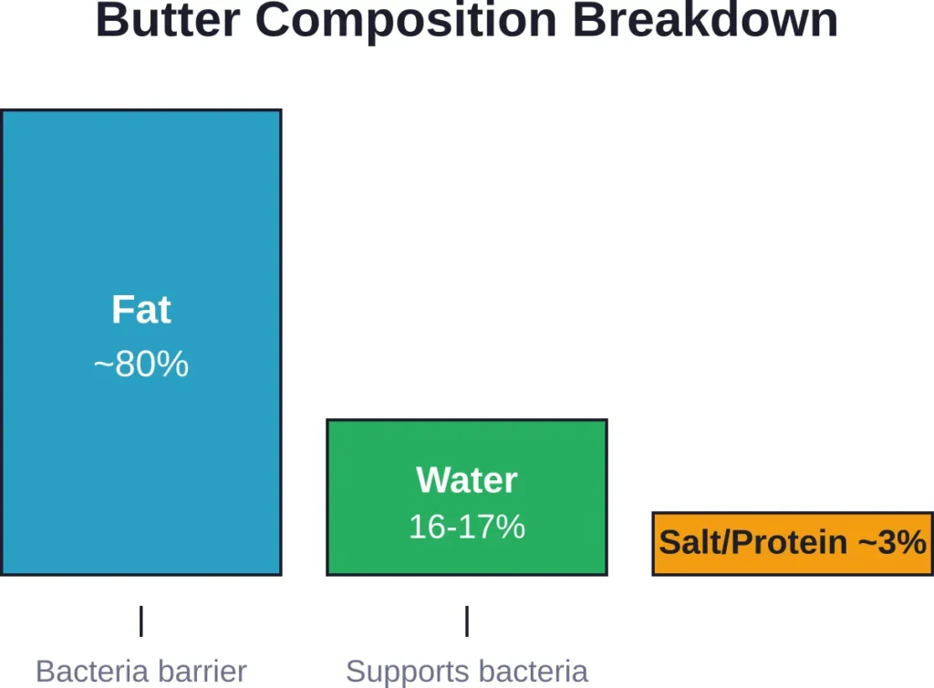 Butter's high fat content and low water availability make it less hospitable to bacterial growth than other dairy products.