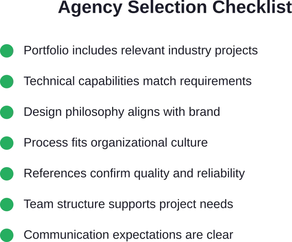 Seven essential criteria to verify before selecting a web design agency, ensuring alignment between capabilities and project requirements.Seven essential criteria to verify before selecting a web design agency, ensuring alignment between capabilities and project requirements.