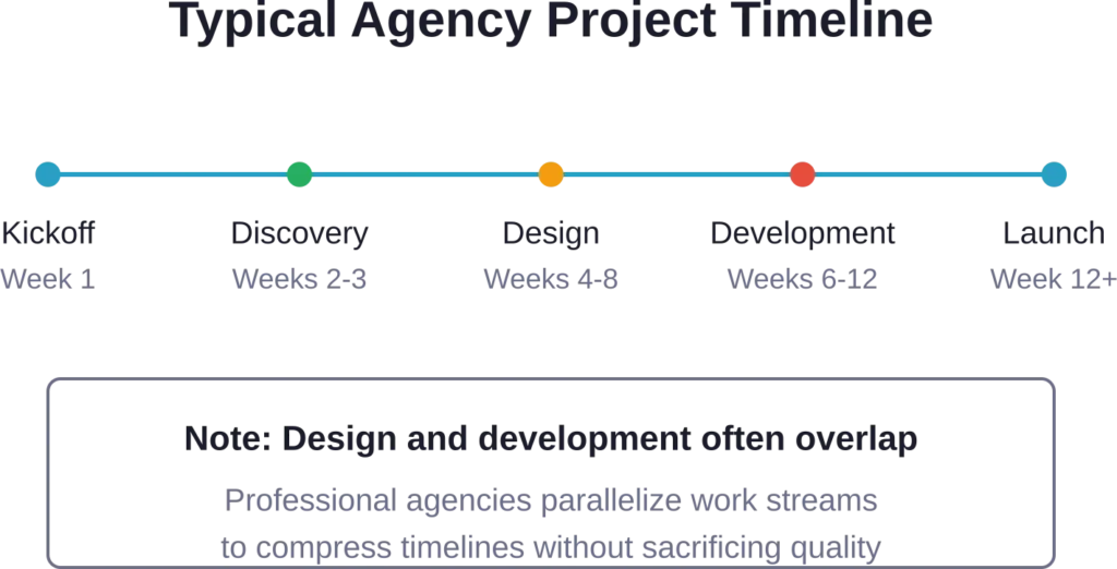 Professional agencies structure projects in phases with clear milestones, though exact timelines vary by scope and complexity