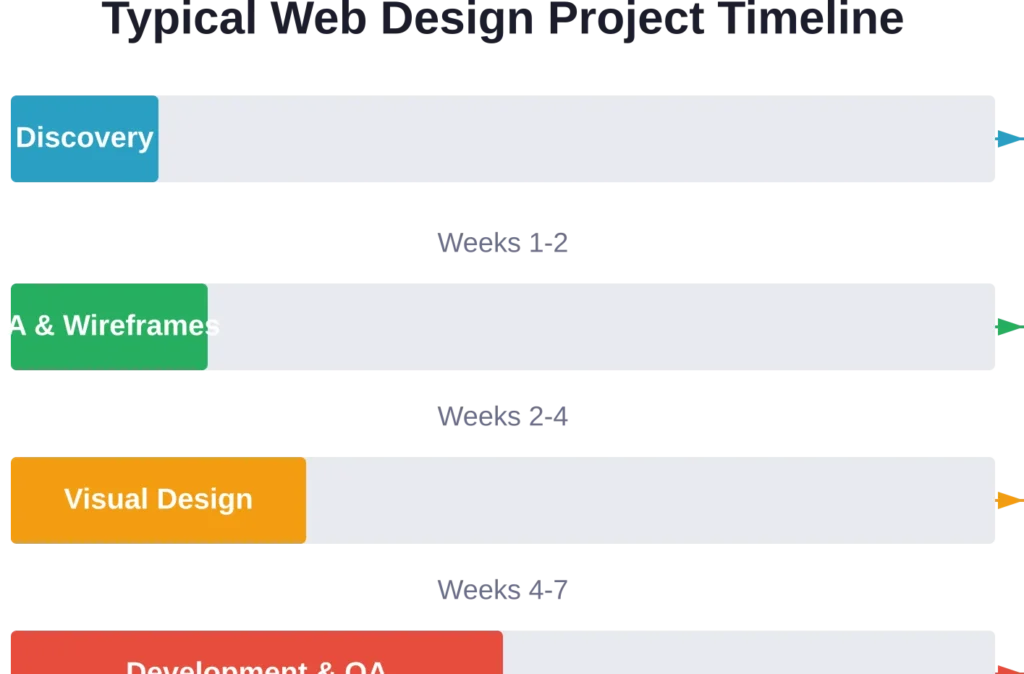 Standard timeline for a mid-sized web design project from kickoff to launch.