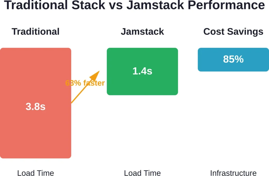 Performance comparison showing typical load time improvements and infrastructure cost reductions when migrating from traditional stacks to Jamstack architecture.