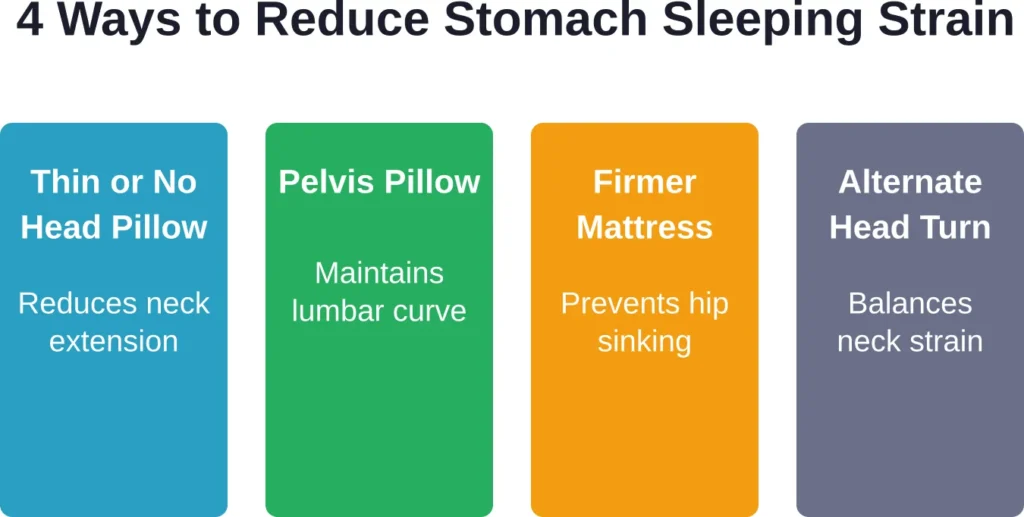 Practical modifications stomach sleepers can implement to reduce spinal and neck strain during sleep.
