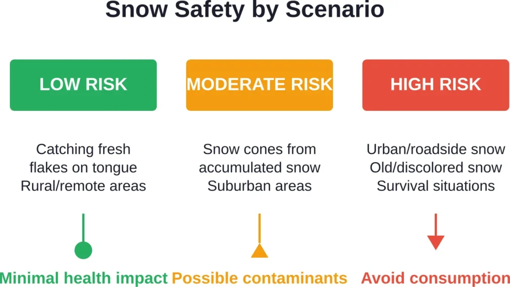 Risk assessment for snow consumption varies significantly based on location, snow condition, and amount consumed.
