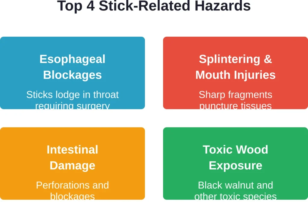 Stick chewing poses multiple serious health risks to dogs, from immediate physical injury to toxic exposure from certain wood species.