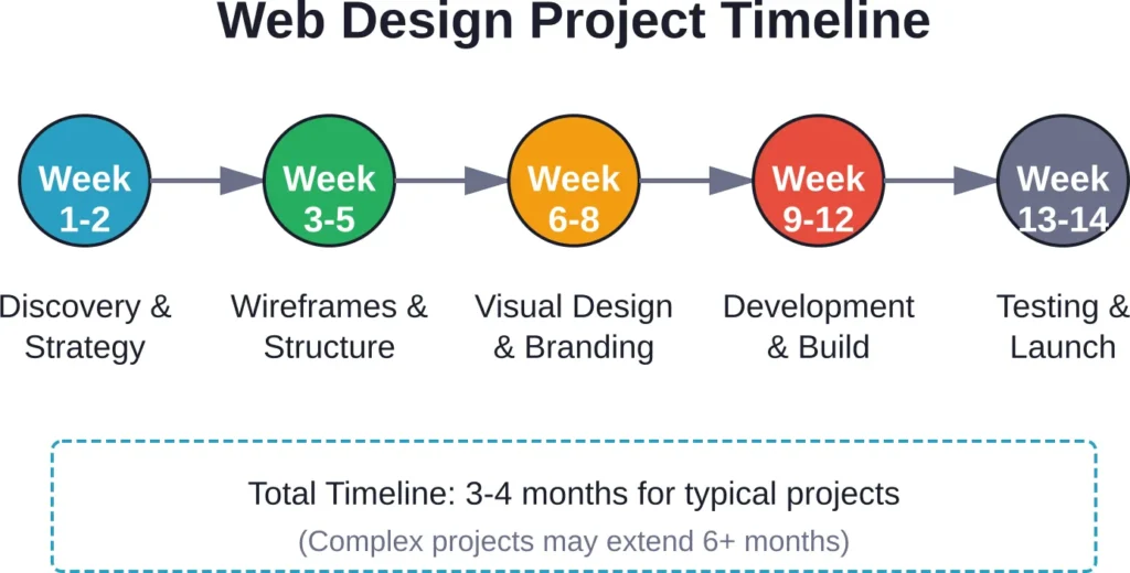 Typical web design project phases from discovery through launch—timelines vary based on complexity