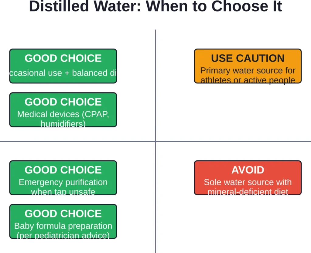 Context determines whether distilled water is the right choice—occasional use rarely causes problems, but relying on it exclusively may require dietary adjustments.