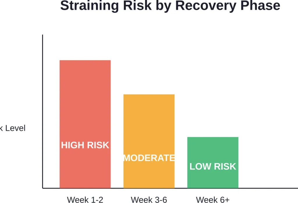 Risk of complications from excessive straining decreases as healing progresses through recovery phases