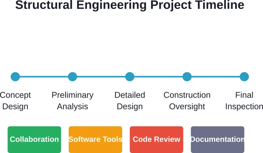 A structural engineering project progresses through distinct phases, each requiring different activities and expertise while maintaining continuous collaboration and documentation.