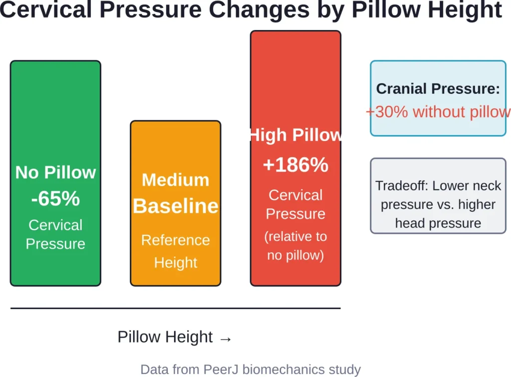 Pillow height significantly affects pressure distribution, with no pillow dramatically reducing cervical strain but increasing cranial pressure.