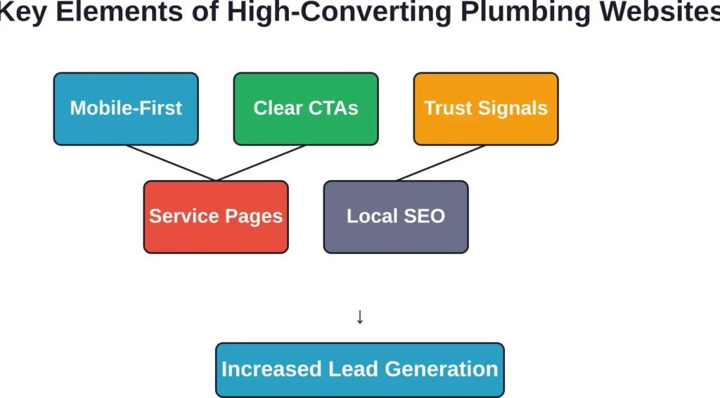 The five foundational elements that drive conversions on plumbing contractor websites, all working together to generate qualified leads.