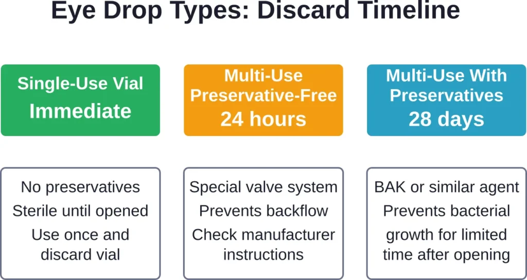 Different eye drop formulations require different discard timelines based on preservative content and packaging design