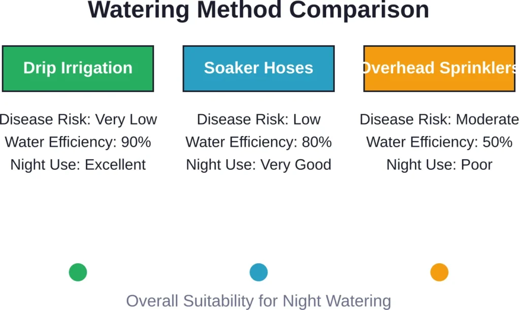 Drip irrigation and soaker hoses dramatically outperform overhead sprinklers for nighttime watering, reducing disease risk while improving water efficiency.