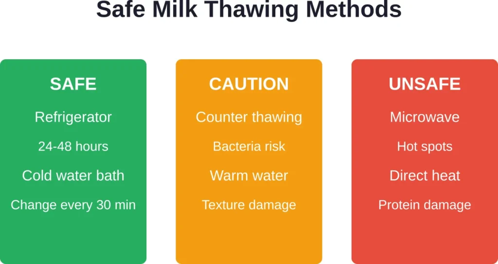 Choose refrigerator or cold water thawing to maintain milk safety and quality.