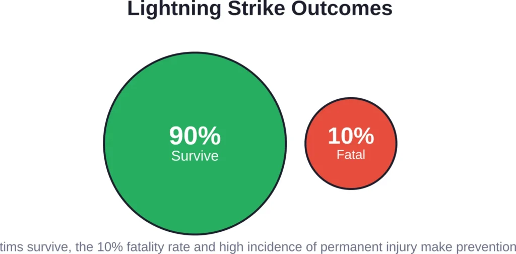 While most lightning strike victims survive, the 10% fatality rate and high incidence of permanent injury make prevention critical.