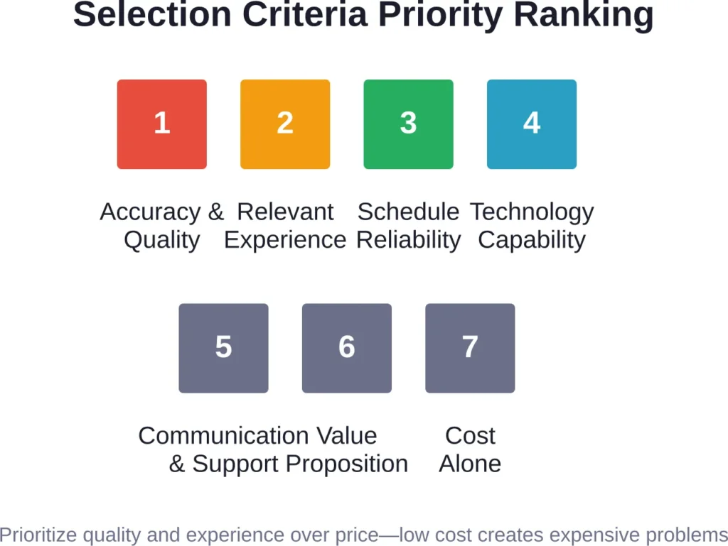 Effective selection prioritizes accuracy and relevant experience above cost considerations, as quality issues create downstream expenses that dwarf initial savings.