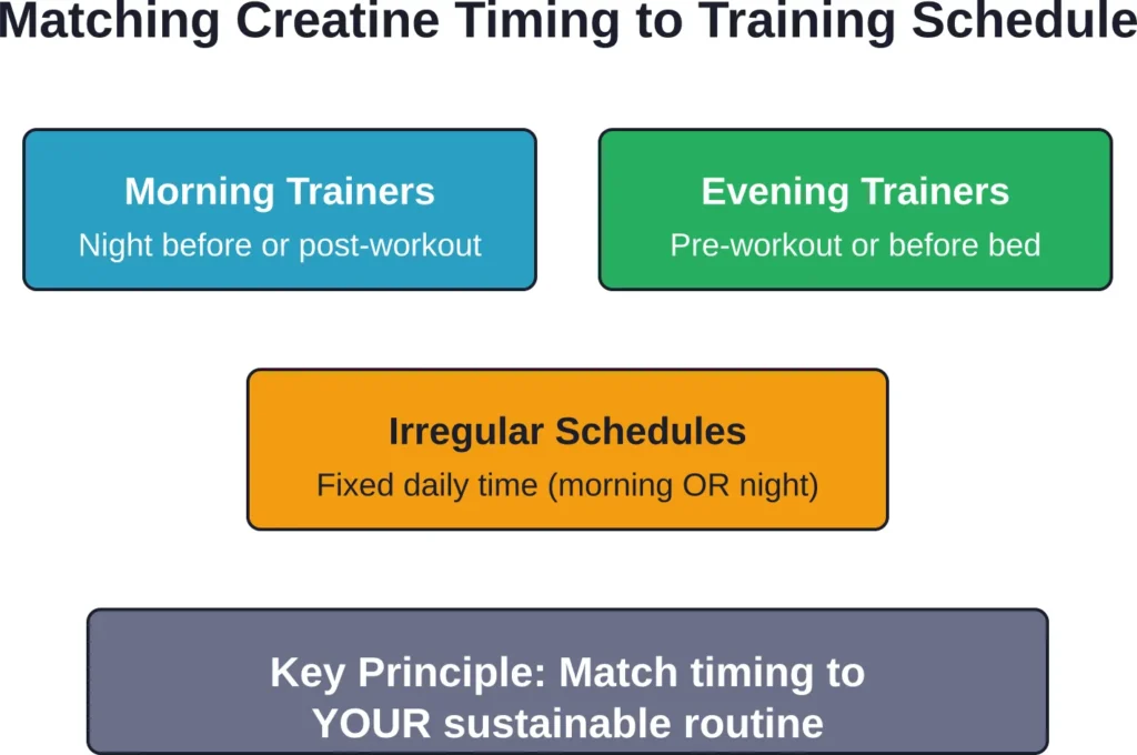 Optimal creatine timing aligns with individual training schedules and lifestyle patterns rather than following rigid universal rules.