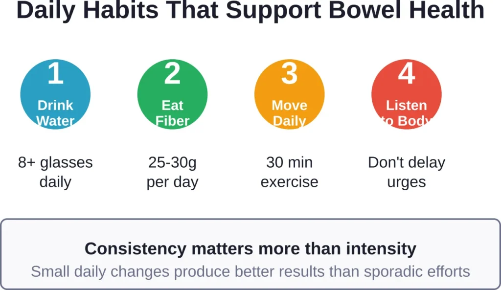 Four fundamental daily habits that support regular bowel function without medication dependency.