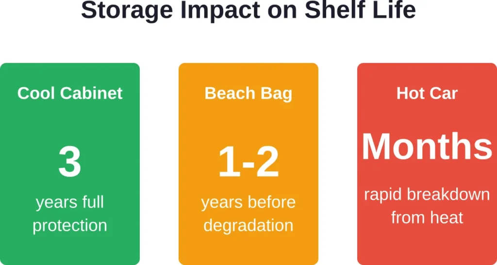 Comparison showing how different storage conditions dramatically affect sunscreen longevity and effectiveness over time.