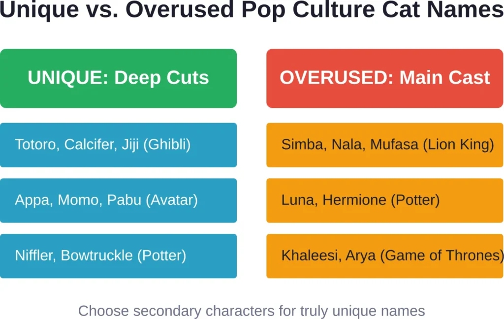 Comparison showing how secondary characters and creatures from popular media provide more unique naming options than main protagonists.
