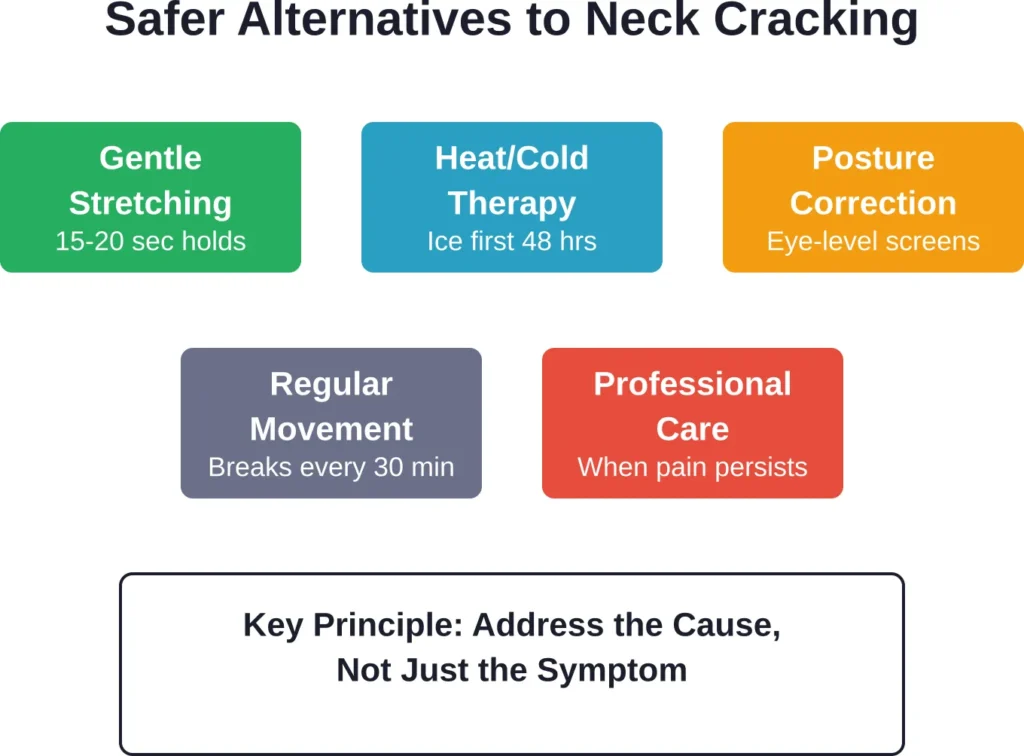 Multiple evidence-based strategies can relieve neck tension without the risks associated with forceful self-manipulation.