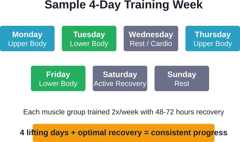 Example weekly training schedule balancing training stimulus with adequate recovery time