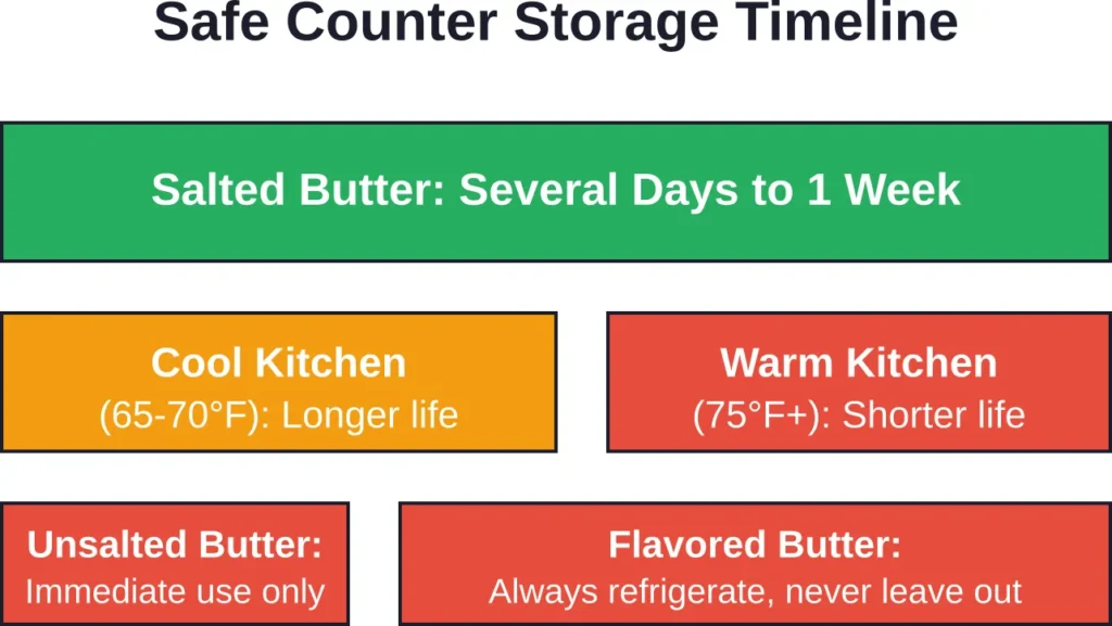 Storage duration varies significantly based on butter type and kitchen temperature conditions.