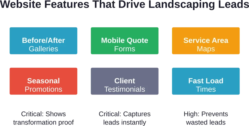 Six essential features that transform landscaping websites from digital brochures into lead-generation machines, ranked by implementation priority.