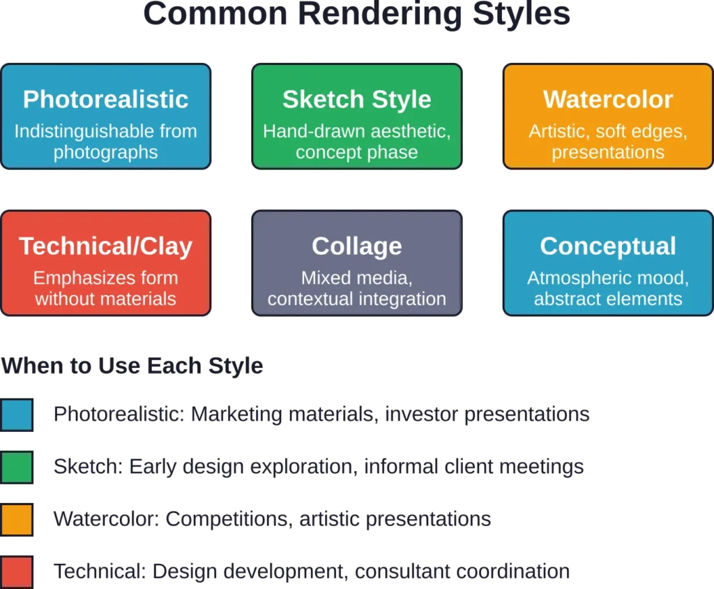 Different rendering styles serve distinct communication purposes throughout the design process