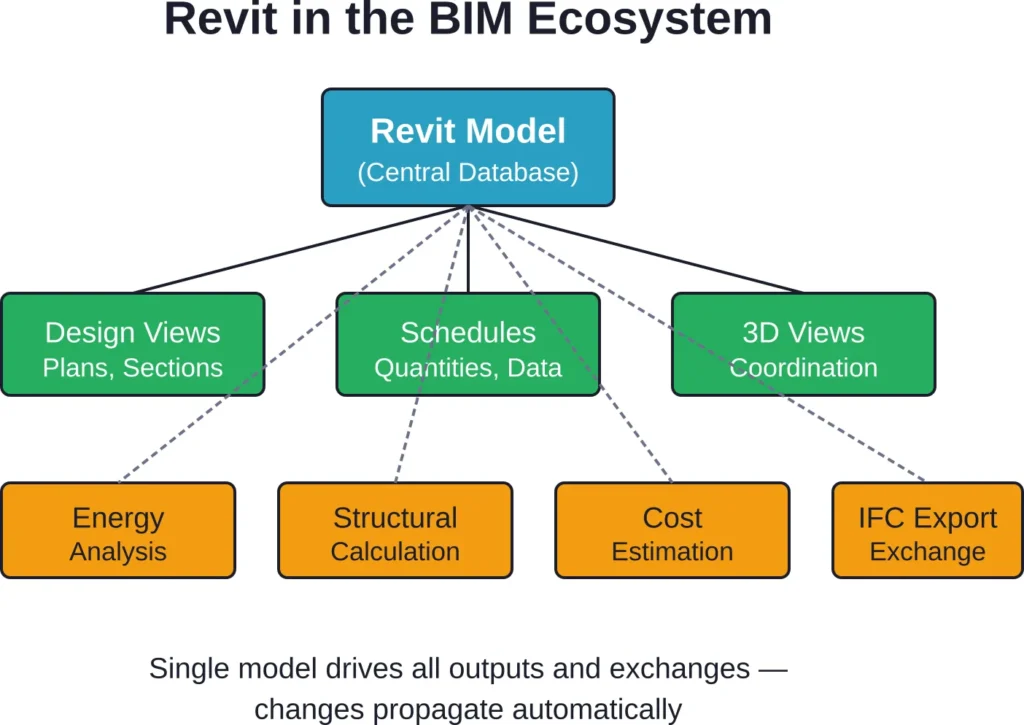 The Revit model serves as a central database that drives views, documentation, analysis, and data exchange