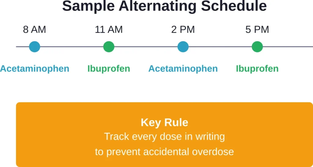 A typical alternating schedule spaces doses 3-4 hours apart for continuous pain coverage.
