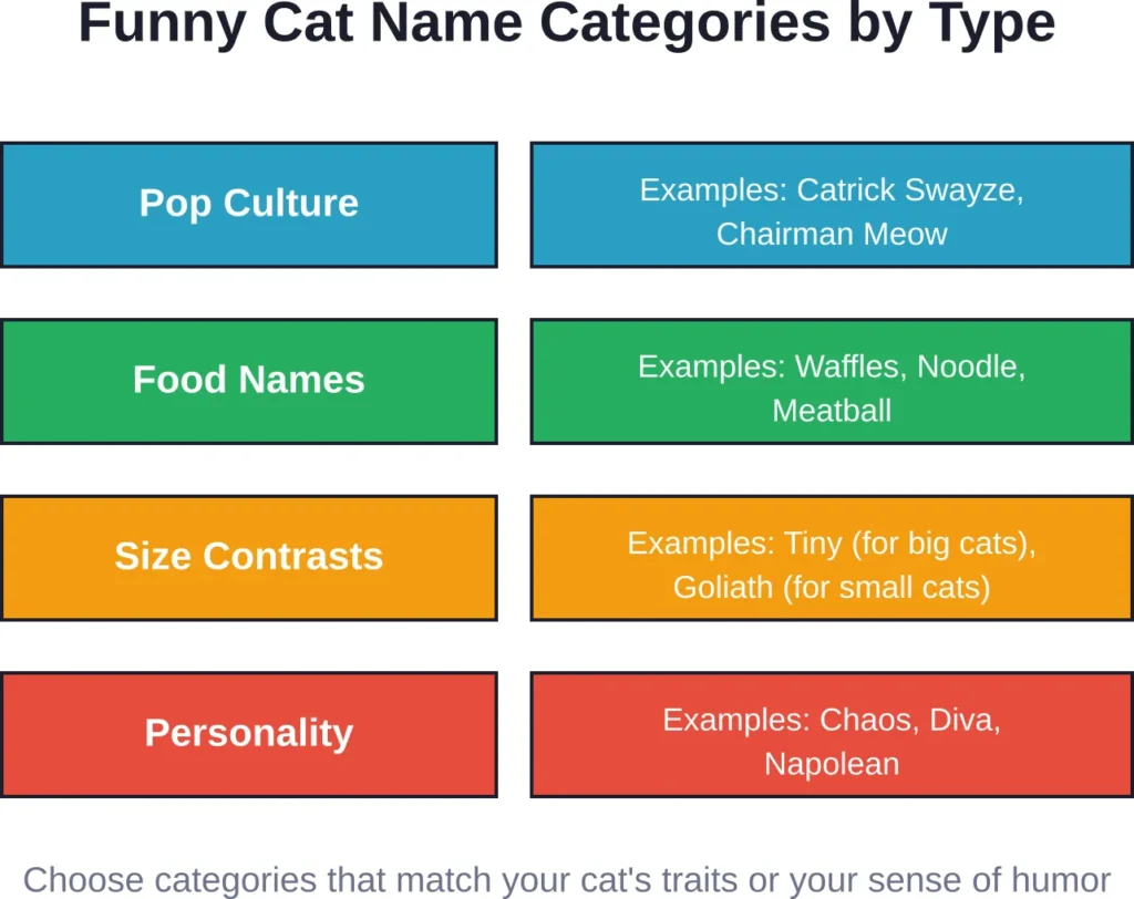 Different categories of funny cat names serve different purposes—some match personality while others create humorous contrasts.