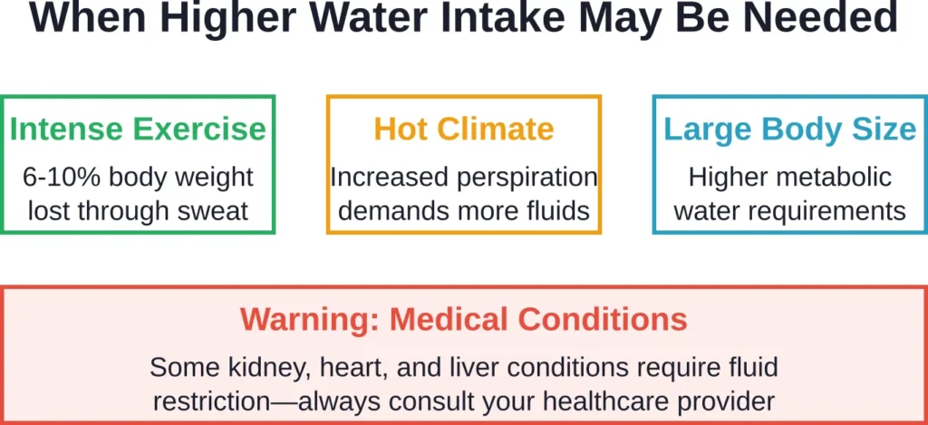 Specific circumstances may warrant increased water intake, but medical conditions can require the opposite.