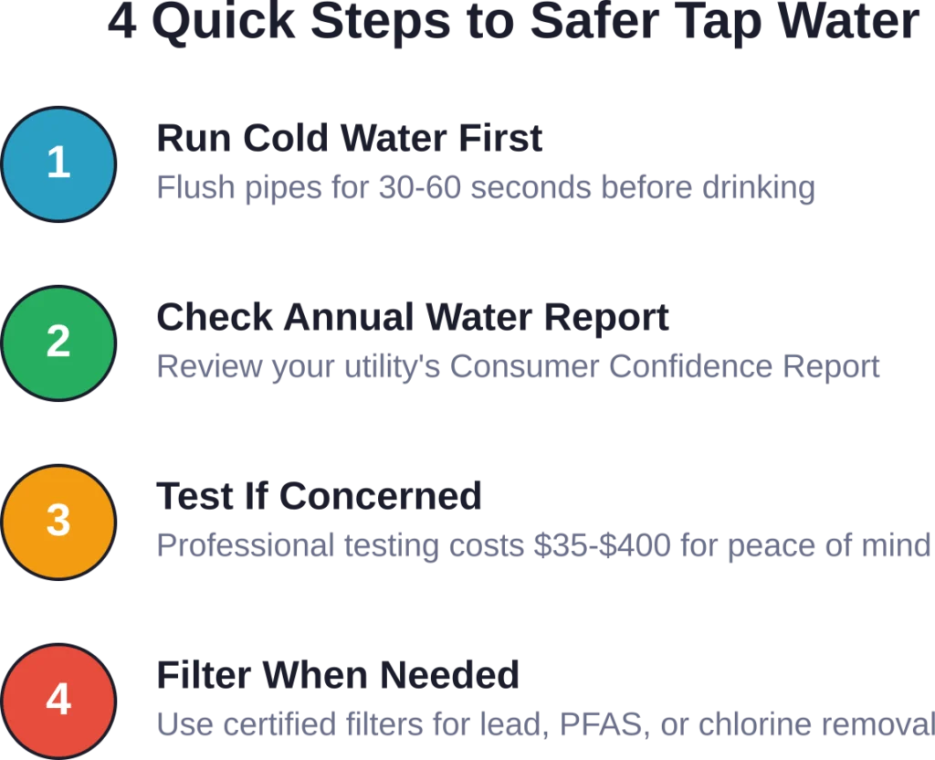 Four simple precautions can significantly improve tap water safety and quality in most homes.
